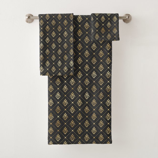 Black Gold Damask Pattern Simple Bath Towel Set (Insitu)