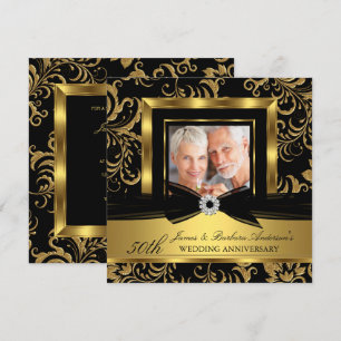 Black Gold Damask Photo 50th Wedding Anniversary Invitation