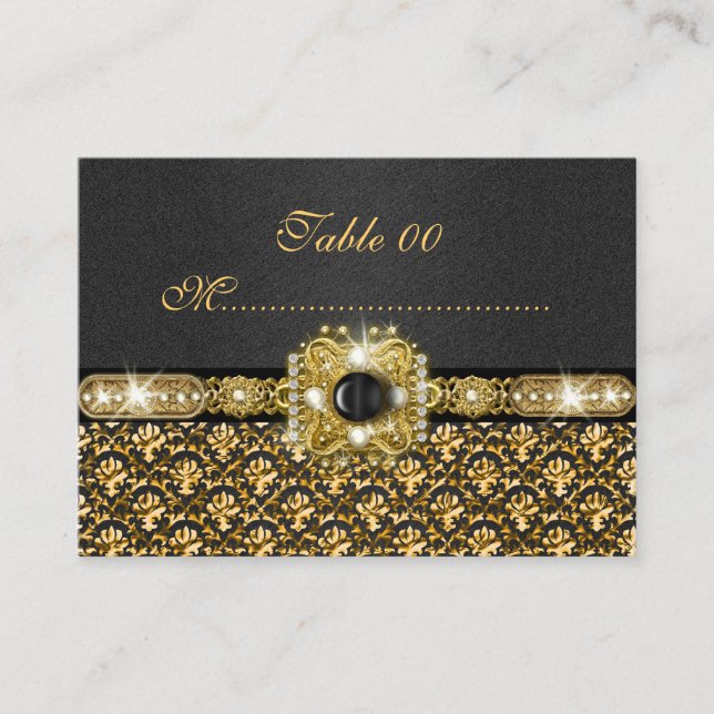 Black gold damask "table number" wedding place card (Front)