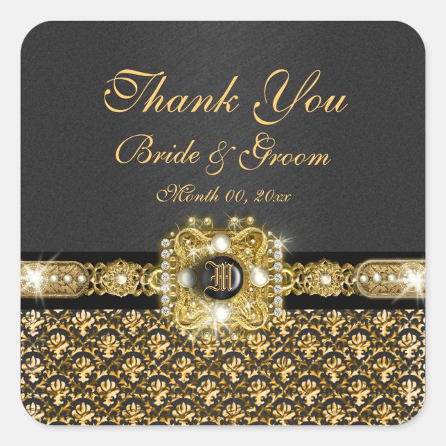 Black gold damask "thank you" square sticker (Front)