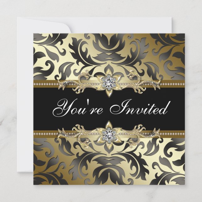 Black Gold Damask Toutes Occasion Party Invitation (Devant)