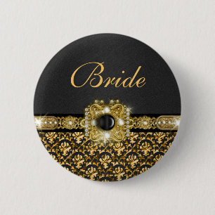 Black gold damask wedding bride 2 inch round button