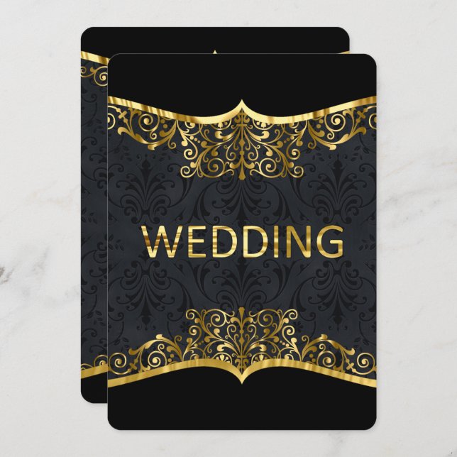 Black Gold Damask Wedding Elegant Invitation Front (Front/Back)