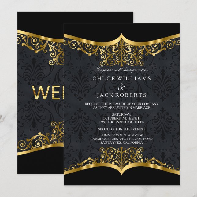 Black Gold Damask Wedding Invitation (Front/Back)