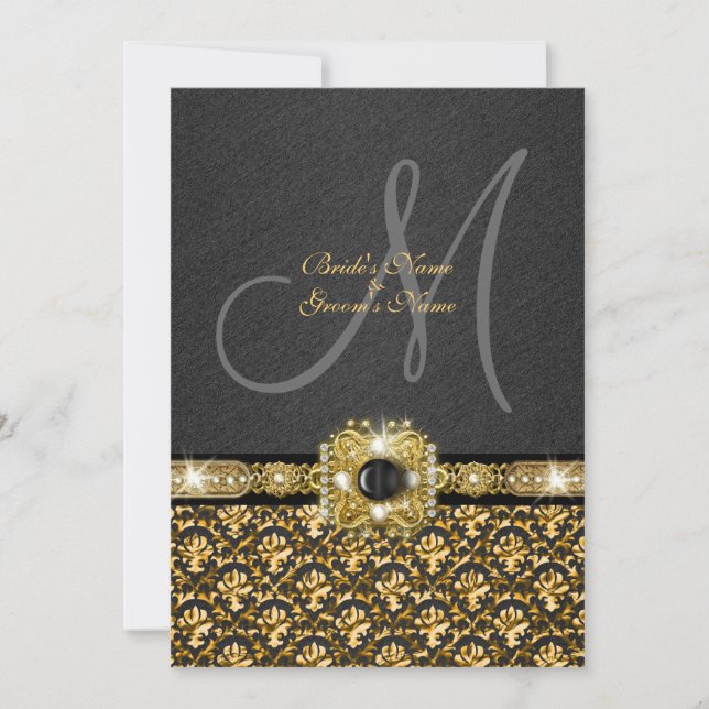 Black gold damask wedding invitation (Front)