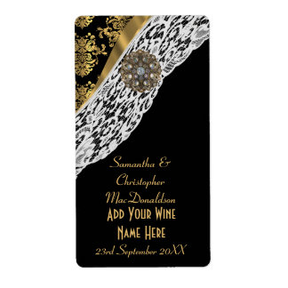 Black gold damask white lace wedding wine bottle