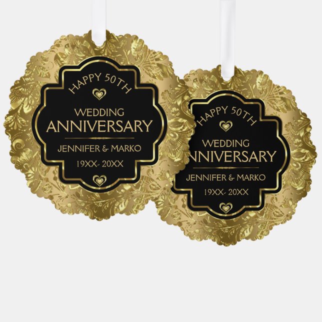 Black & Gold Damasks 50th Wedding Anniversary Ornament Card (Front/Back)