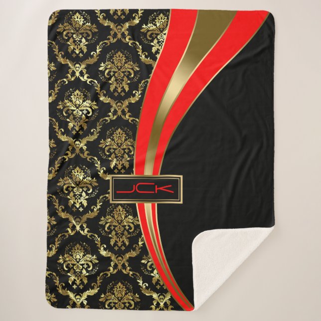 Black & Gold Damasks Geometric Design Sherpa Blanket (Front)