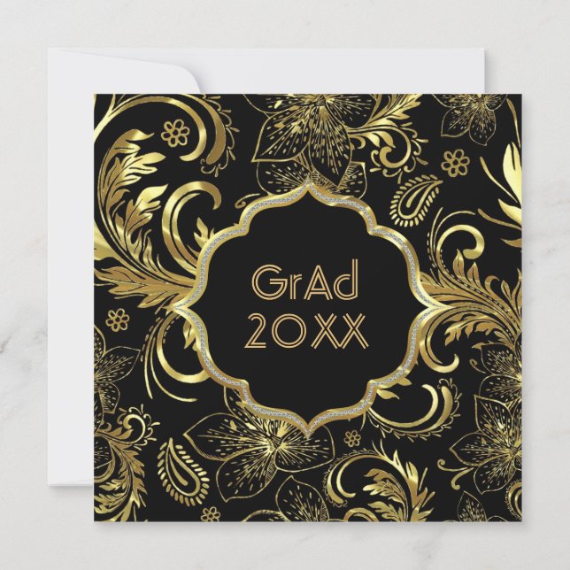 Black Gold & Damasks Pattern-Elegant Grad Invite (Back)