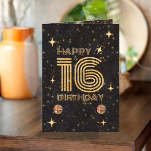 Black Gold Dancing Disco Ball 16th Happy Birthday Card