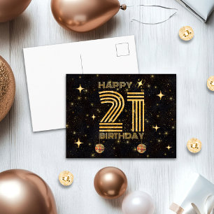 Black Gold Dancing Disco Ball 21st Happy Birthday Postcard
