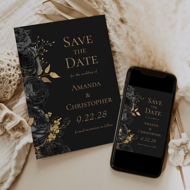 Black Gold Dark Floral Save the Date Announcement (Creator Uploaded)