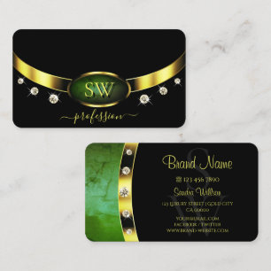 Black Gold Dark Green Marble Initials and Diamonds Business Card