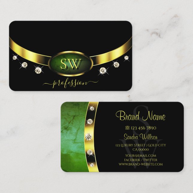 Black Gold Dark Green Marble Initials and Diamonds Business Card (Front/Back)