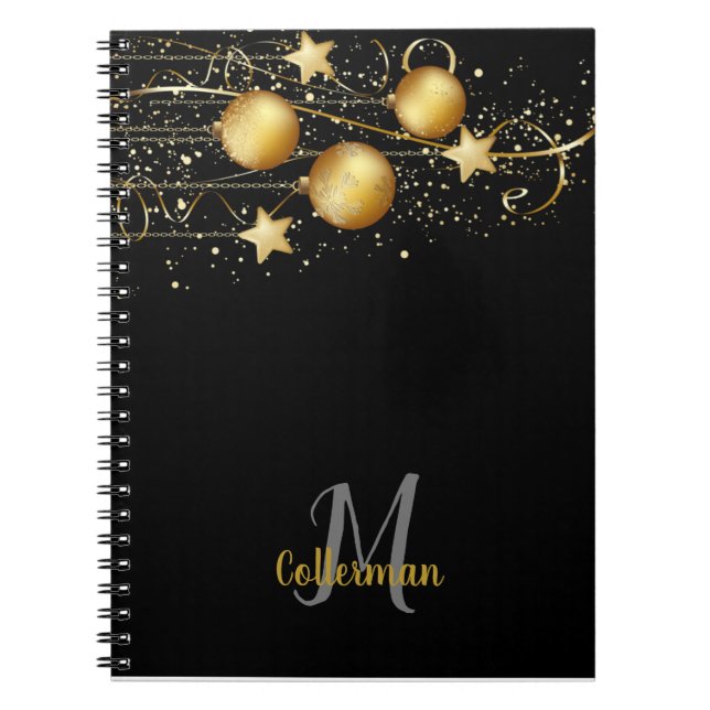 Black & Gold Decoration Ball Monogram Script Name Notebook (Front)