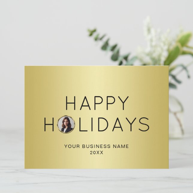 Black & gold design, Logo or Photo in gold circle, Holiday Card (Standing Front)