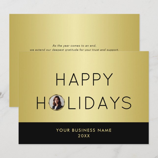 Black & gold design, Logo or Photo in gold circle, Holiday Card (Front/Back)
