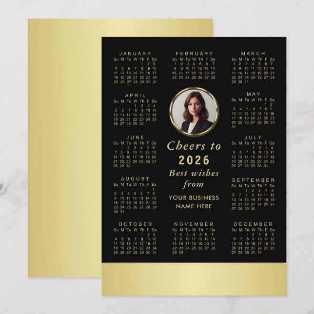 Black & gold design, Logo or Photo in gold circle, Holiday Card (Front/Back)