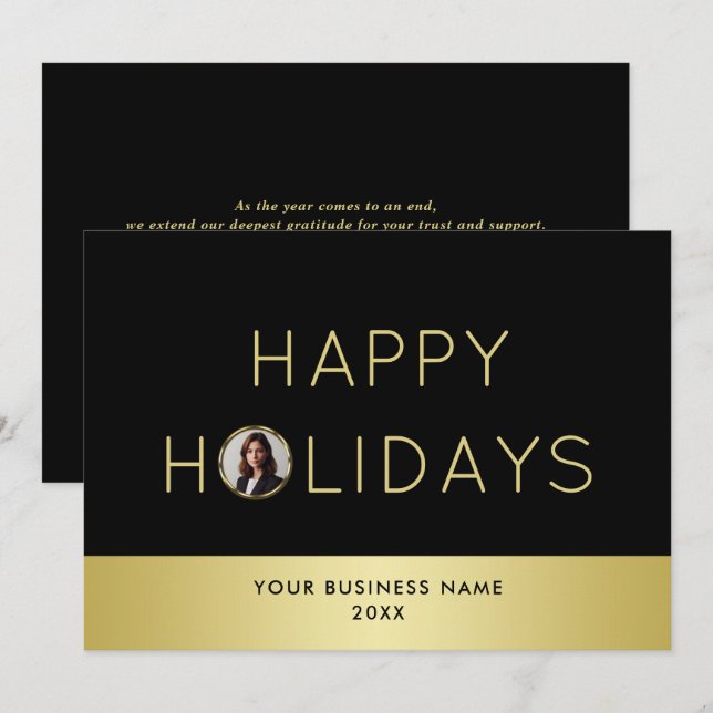 Black & gold design, Logo or Photo in gold circle, Holiday Card (Front/Back)