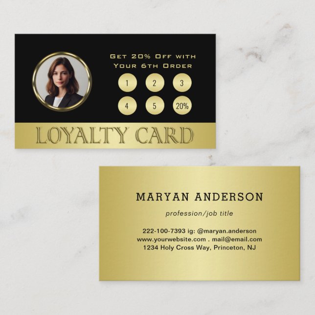 Black & gold design, Logo or Photo in gold circle, Loyalty Card (Front/Back)