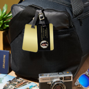 Black & gold design, Logo or Photo in gold circle, Luggage Tag
