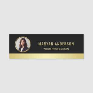 Black & gold design, Logo or Photo in gold circle, Name Tag