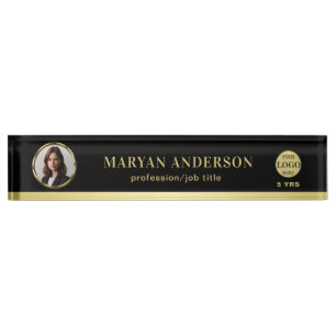 Black & gold design, Logo or Photo in gold circle, Nameplate
