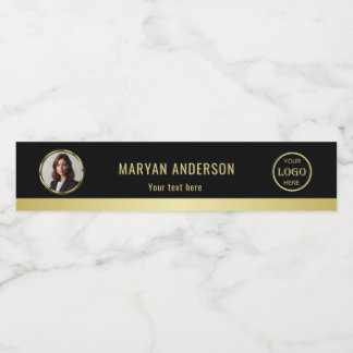 Black & gold design, Logo or Photo in gold circle, Water Bottle Label