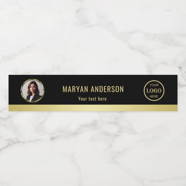 Black & gold design, Logo or Photo in gold circle, Water Bottle Label (Single Label)