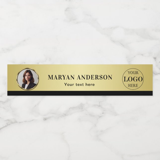 Black & gold design, Logo or Photo in gold circle, Water Bottle Label (Single Label)