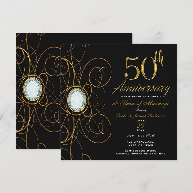 Black & Gold Diamond 50 50th Chic Anniversary Invitation (Front/Back)