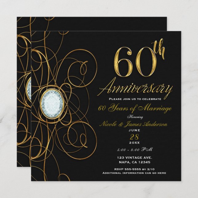 Black & Gold Diamond 60 60th Anniversary Invitation (Front/Back)
