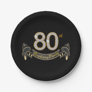Black Gold Diamond 80th Birthday Party Paper Plate