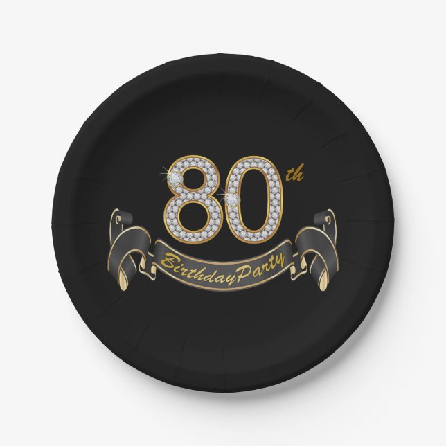 Black Gold Diamond 80th Birthday Party Paper Plate (Front)