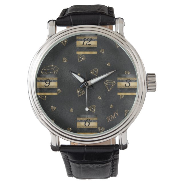 Black & Gold Diamond design eWatch Watch (Front)