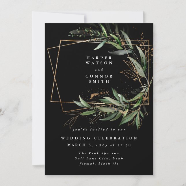 Black Gold Diamond Geometric Eucalyptus Elegant Invitation (Front)