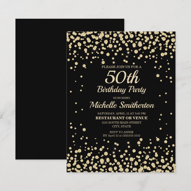 Black Gold Diamond Glitter Women's 50th Birthday Card (Front/Back)