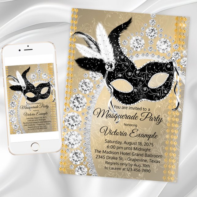 Black Gold Diamond Masquerade Birthday Party Invitation (Black and gold masquerade party invitation with mask and diamonds. For download and print.)