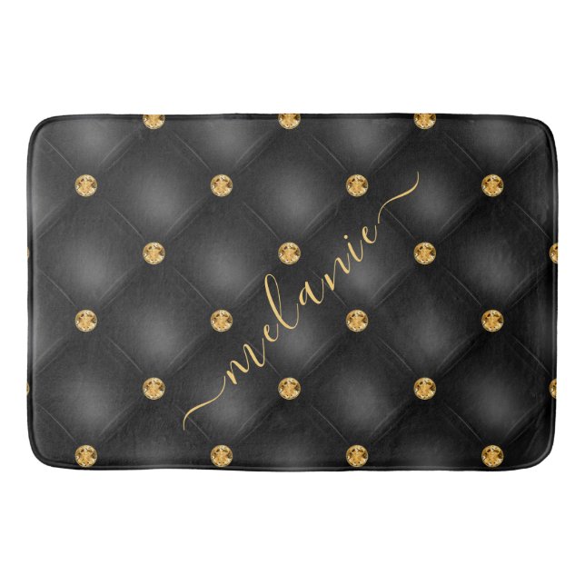 Black Gold Diamond Tufted Custom Name Bath Mat (Front)