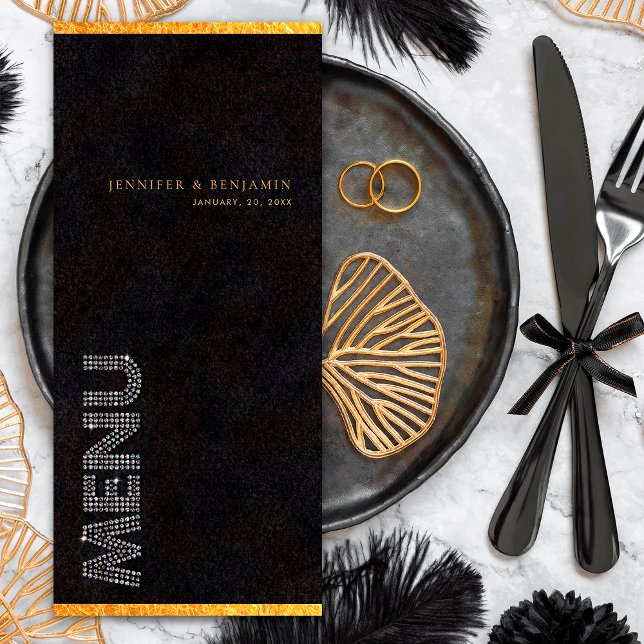 Black Gold Diamond Wedding Reception Dinner Menu (Front)
