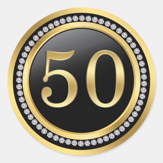 Black & gold, diamonds 50th Wedding Anniversary Classic Round Sticker (Front)