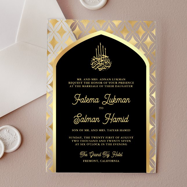 Black Gold Diamonds Arch Muslim Wedding Acrylic Invitations (Creator Uploaded)