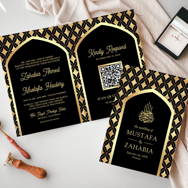 Black Gold Diamonds Arch QR Code Muslim Wedding Invitation (Creator Uploaded)