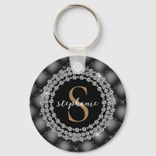 Black Gold Diamonds Monogram Tufted Sparkly Luxury Keychain