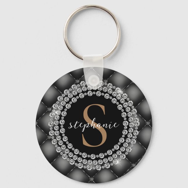 Black Gold Diamonds Monogram Tufted Sparkly Luxury Keychain (Front)