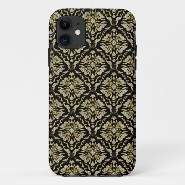 Black Gold & Diamonds Pattern-Retro Floral Damasks Case-Mate iPhone Case (Back)