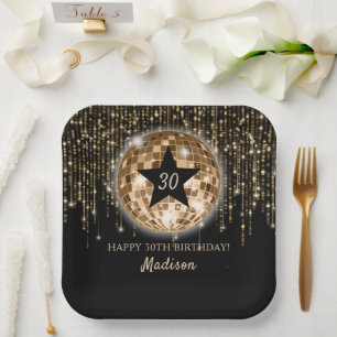 Black Gold Disco Ball Happy 30th Birthday Paper Plate