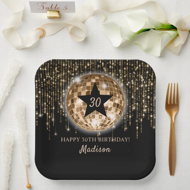 Black Gold Disco Ball Happy 30th Birthday Paper Plate (Wedding)