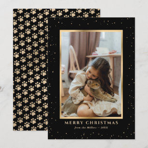 Black Gold Dog Cat Paws Snow Photo Christmas Card