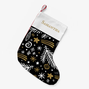 Black gold doodle pine with name  festive small christmas stocking